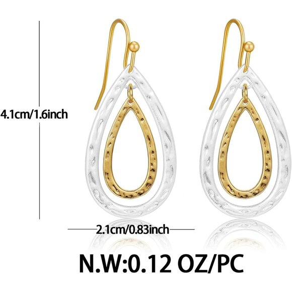 Gold and Silver Two Toned hammered teardrop Dangle Trendy Earrings for Women - Picture 6 of 6